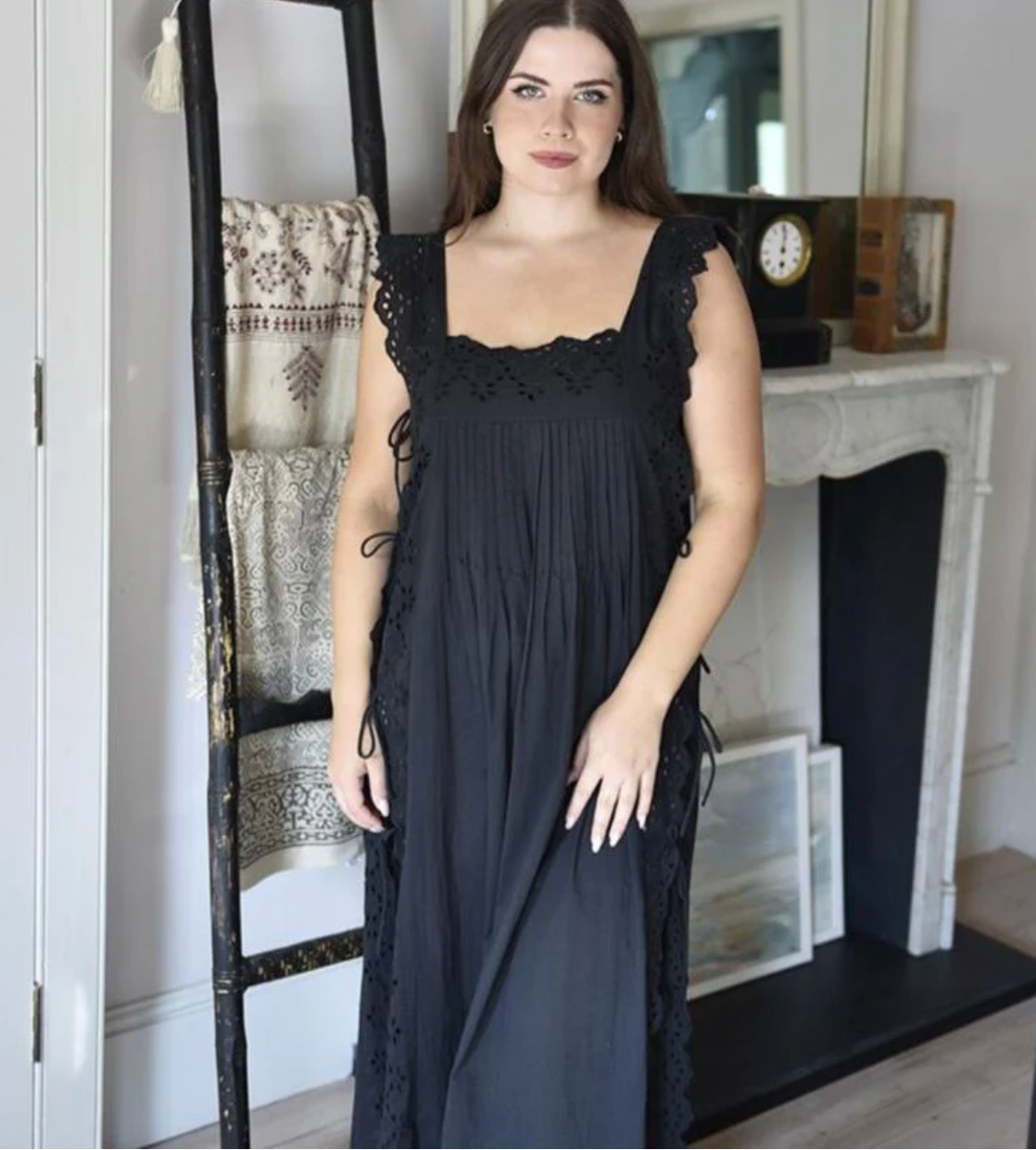 Side Tie Black Cotton Nightgown