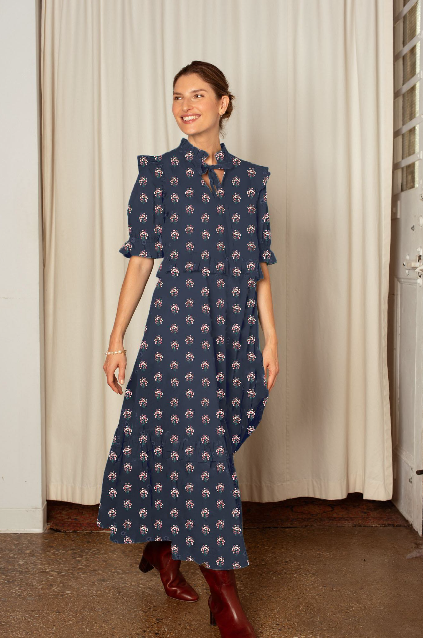 Organic Cotton Olive Dress, Vintage Floral