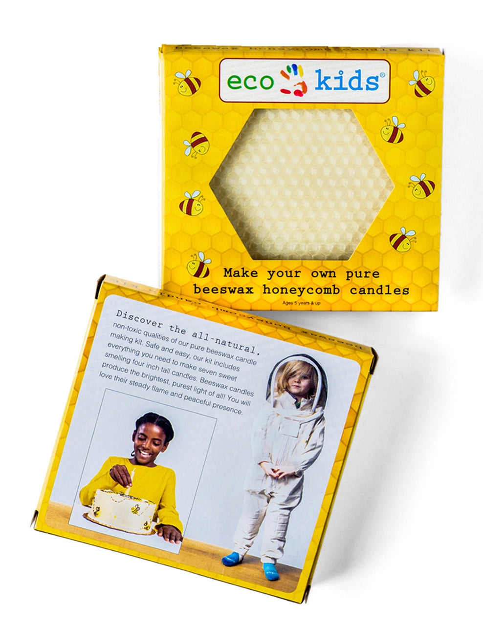 The back the Beeswax Candle Kit package showing 1 child next to a birthday cake and one child in an astronaut costume.