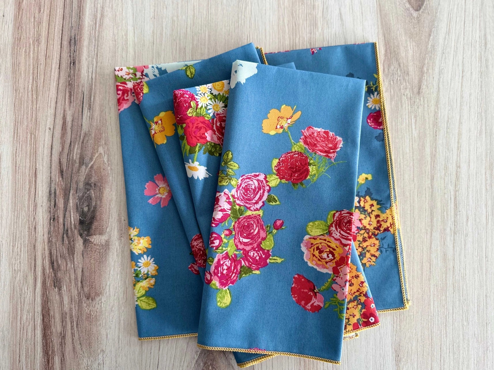 Blue Floral Cloth Dinner Napkins, set of four