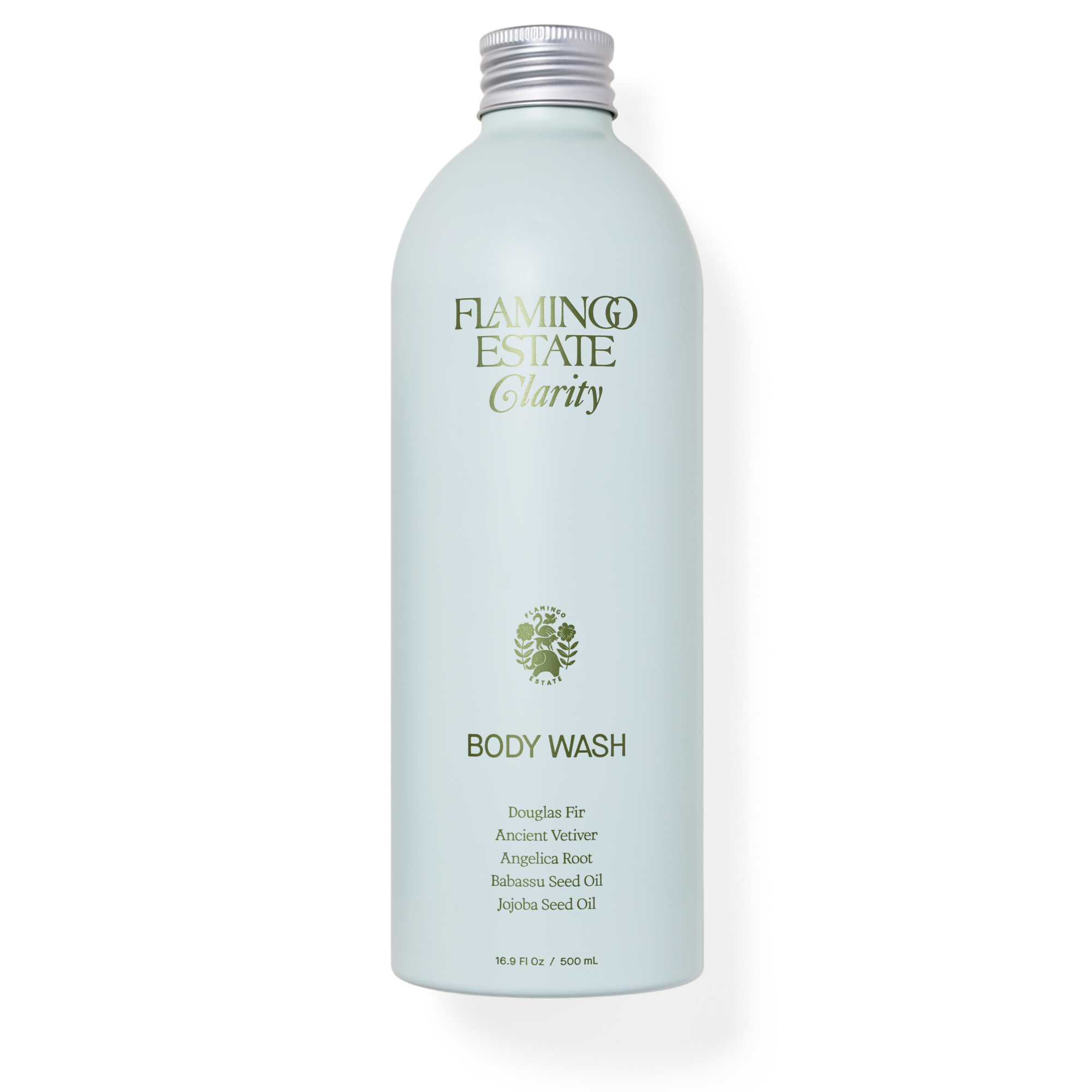 Flamingo Estate Peppermint & Juniper Berry Body Wash made with douglas fir, ancient vetiver, angelica root, babassu seed oil, and jojoba seed oil. Comes in a light metal container.