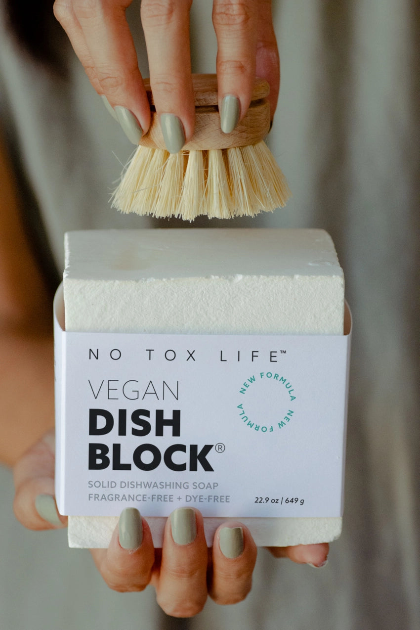 A woman using a brush with a Solid Dish Soap Block.