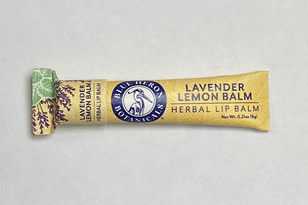 A tube of Lavender Lemon Blue Heron Botanicals Lip Balm.