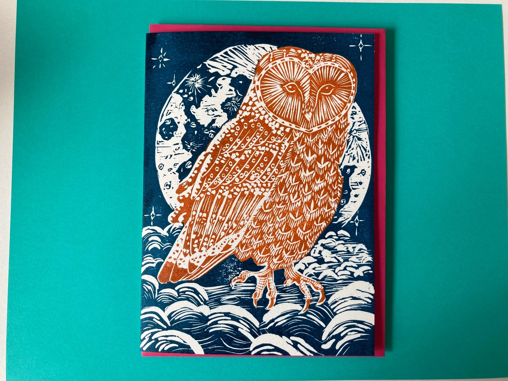 Owl and Full Moon Block Printed Greeting Card