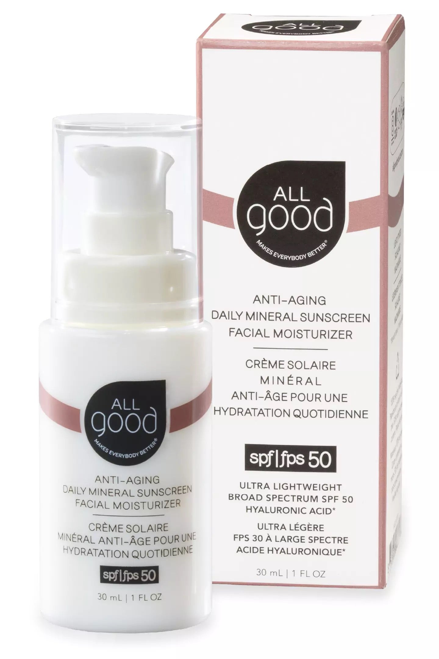 A bottle of All Good SPF 50 Anti-Aging Daily Moisturizer next to a box of All Good SPF 50 Anti-Aging Daily Moisturizer against a white background.