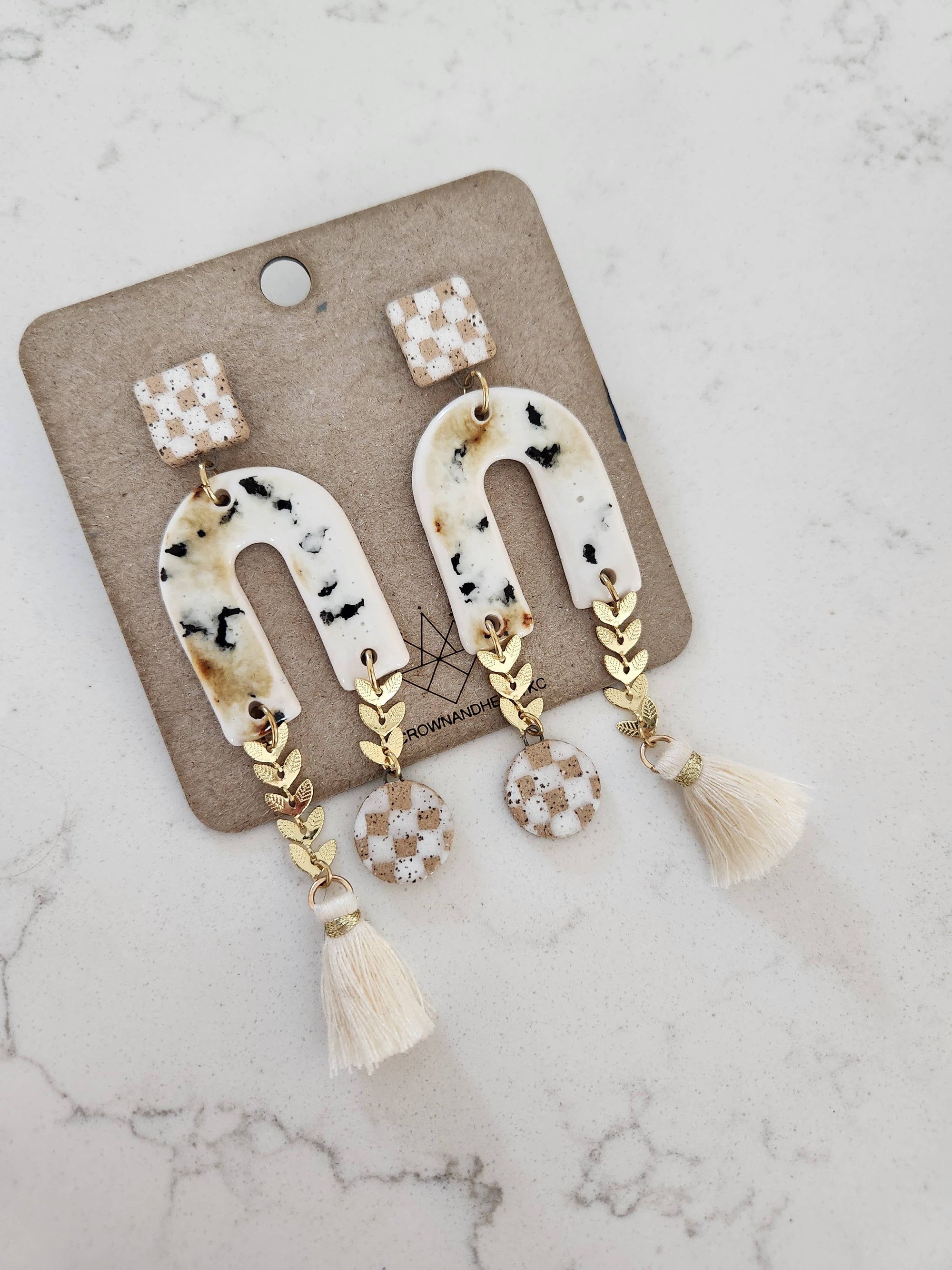 Blonde Checkerboard Asymmetrical Arch Earrings by Crown & Heart